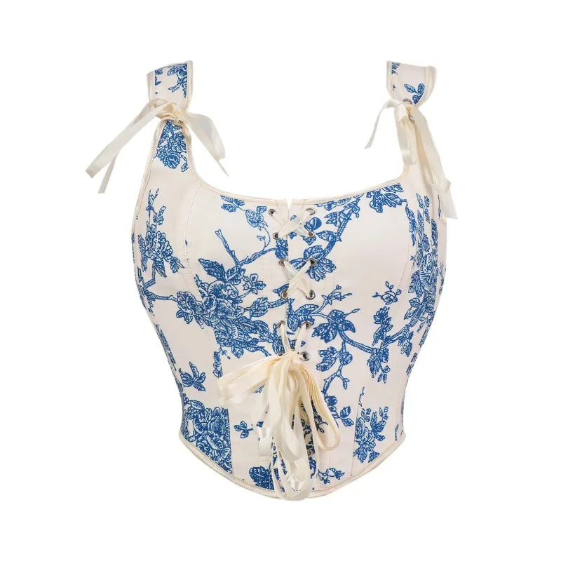 French Vintage Blue Porcelain Floral Print Corset Top – Lace-Up Boned Bustier with Adjustable Straps
French Vintage Blue Porcelain Floral Print Corset Top – Lace-Up Boned Bustier with Adjustable Straps