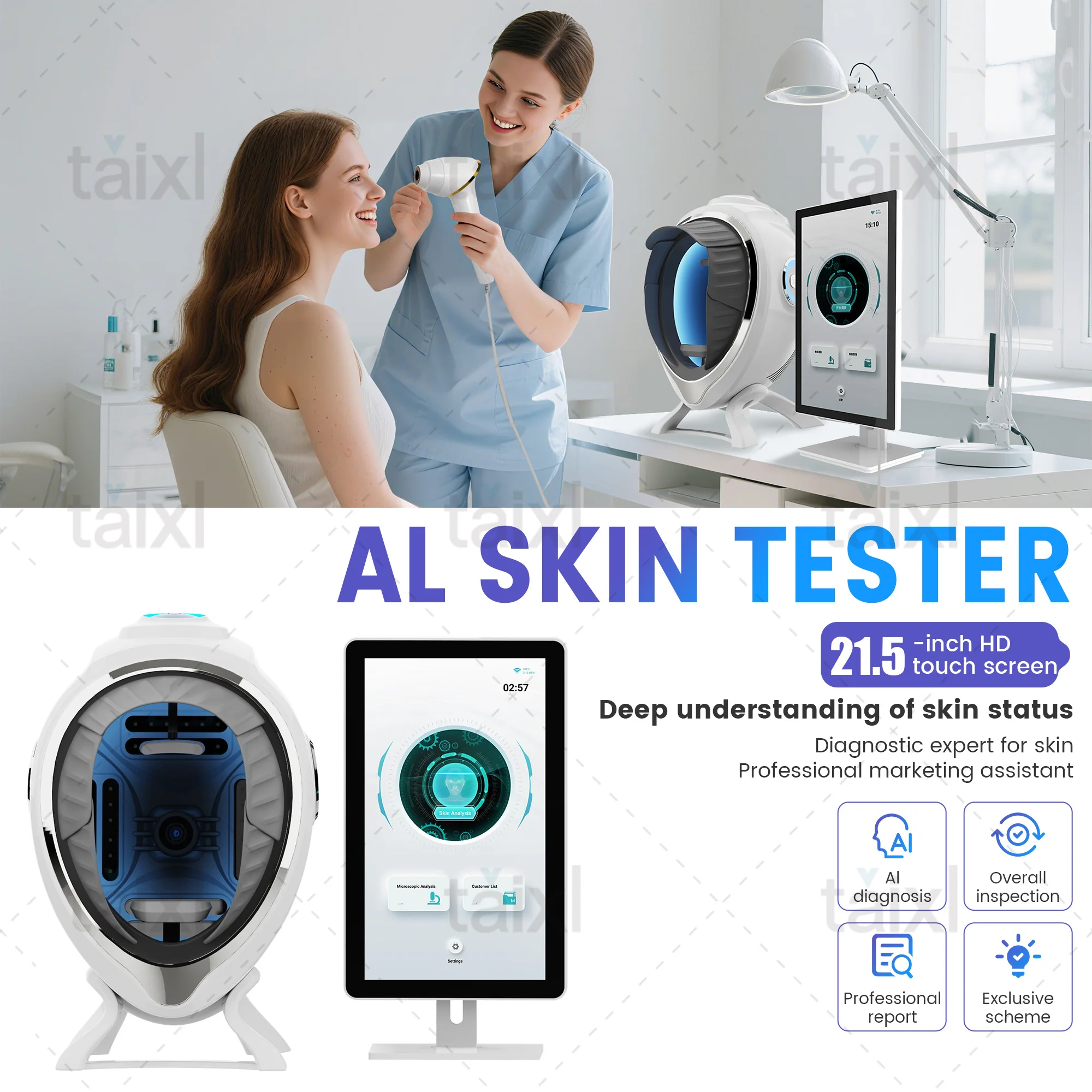 AL Skin Tester AI Smart Skin Tester Comprehensive Skin Analysis 10 Spectrum Imaging 18 Languages Professional Skin Test
AL Skin Tester AI Smart Skin Tester Comprehensive Skin Analysis 10 Spectrum Imaging 18 Languages Professional Skin Test