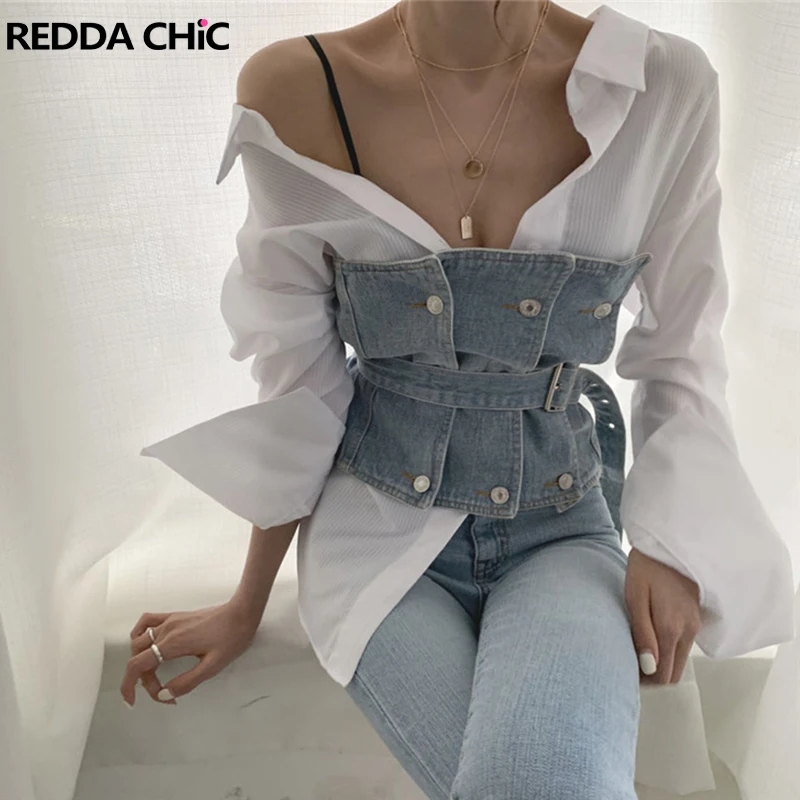ReddaChic Women 2-piece Top Set Long Sleeves Blouse Shirt & Denim Cropped Tube Top Bustier Corset Elegant Office Lady Outfit
ReddaChic Women 2-piece Top Set Long Sleeves Blouse Shirt & Denim Cropped Tube Top Bustier Corset Elegant Office Lady Outfit