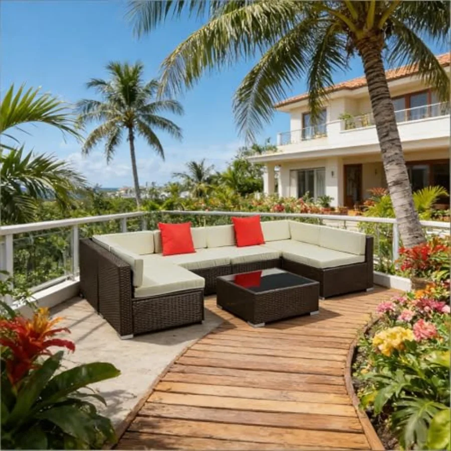 7-Piece Patio Sectional Sofa Set with Tempered Glass Table, Outdoor Rattan Furniture Conversation Set for Garden, Pool, Deck
7-Piece Patio Sectional Sofa Set with Tempered Glass Table, Outdoor Rattan Furniture Conversation Set for Garden, Pool, Deck