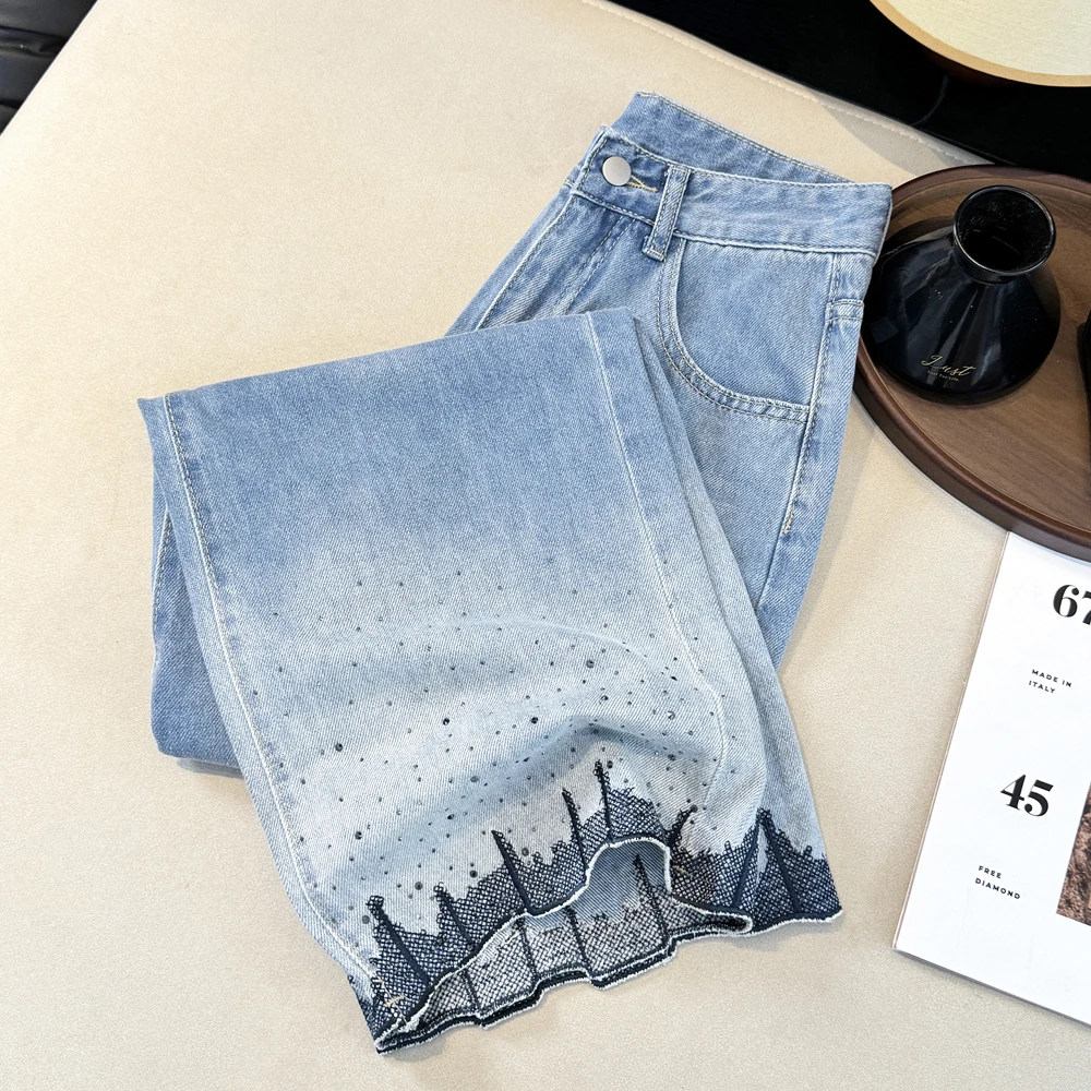 Korean Designed Gradient Blue Embroidered Rhinestone High Waist Wide Leg Straight Cut Denim Jeans Women Summer Slimming Effect
Korean Designed Gradient Blue Embroidered Rhinestone High Waist Wide Leg Straight Cut Denim Jeans Women Summer Slimming Effect