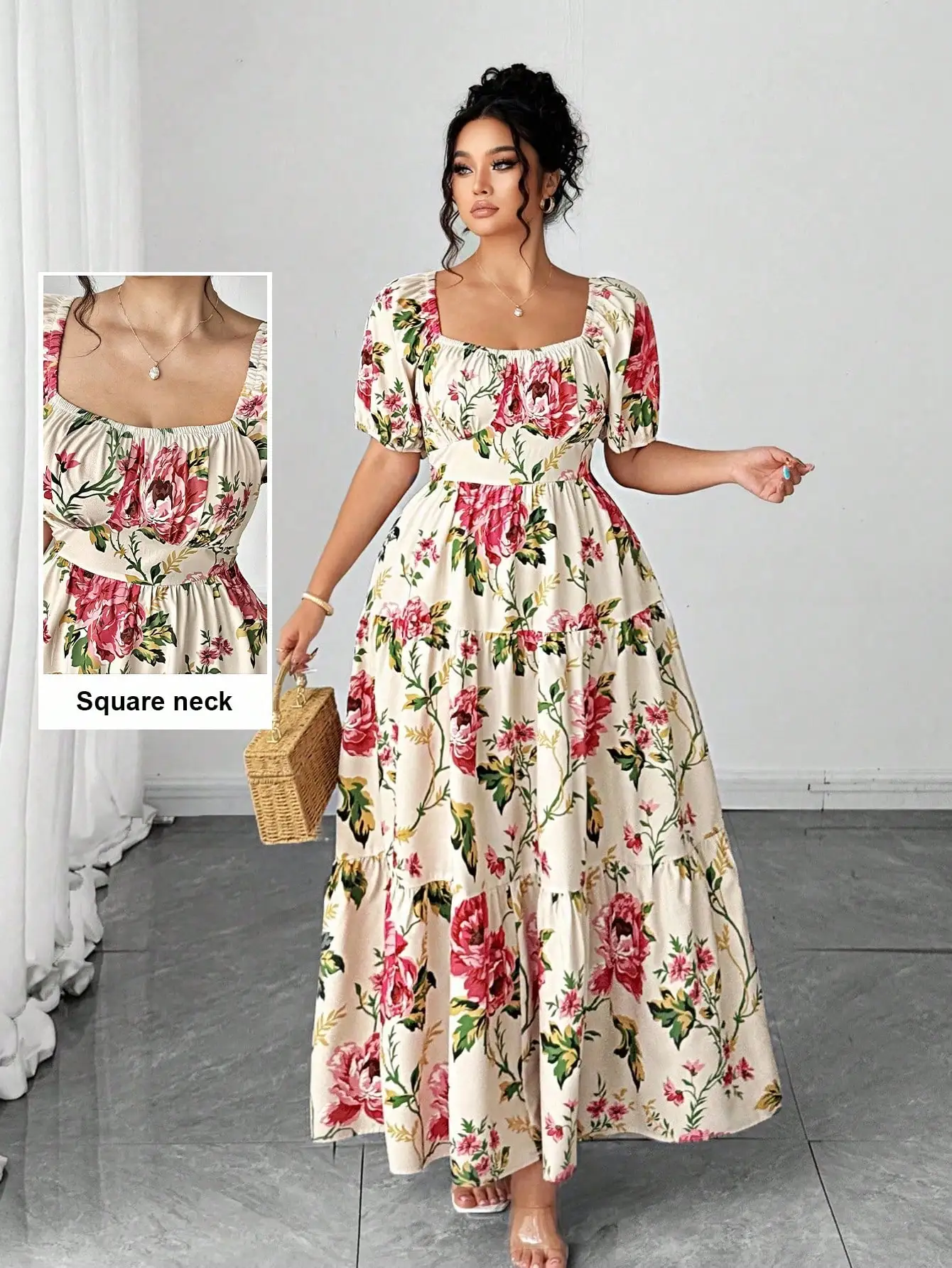 Plus Size Square Neck Floral Print Maxi Dress with Puff Sleeves
Plus Size Square Neck Floral Print Maxi Dress with Puff Sleeves