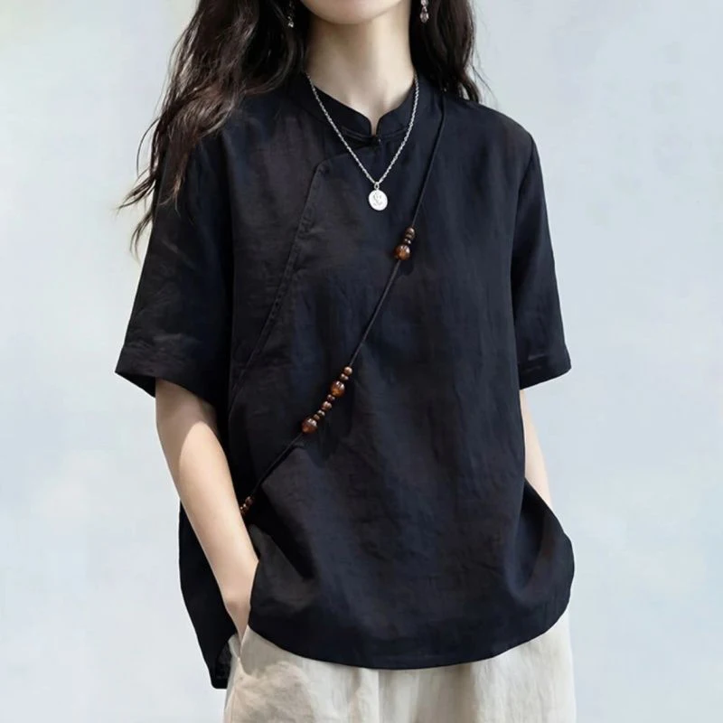 New Chinese Style Women's Zen Short Sleeve Blouse Summer Loose Stand Collar Asymmetrical Placket Vintage Elegant Casual Tops
New Chinese Style Women's Zen Short Sleeve Blouse Summer Loose Stand Collar Asymmetrical Placket Vintage Elegant Casual Tops