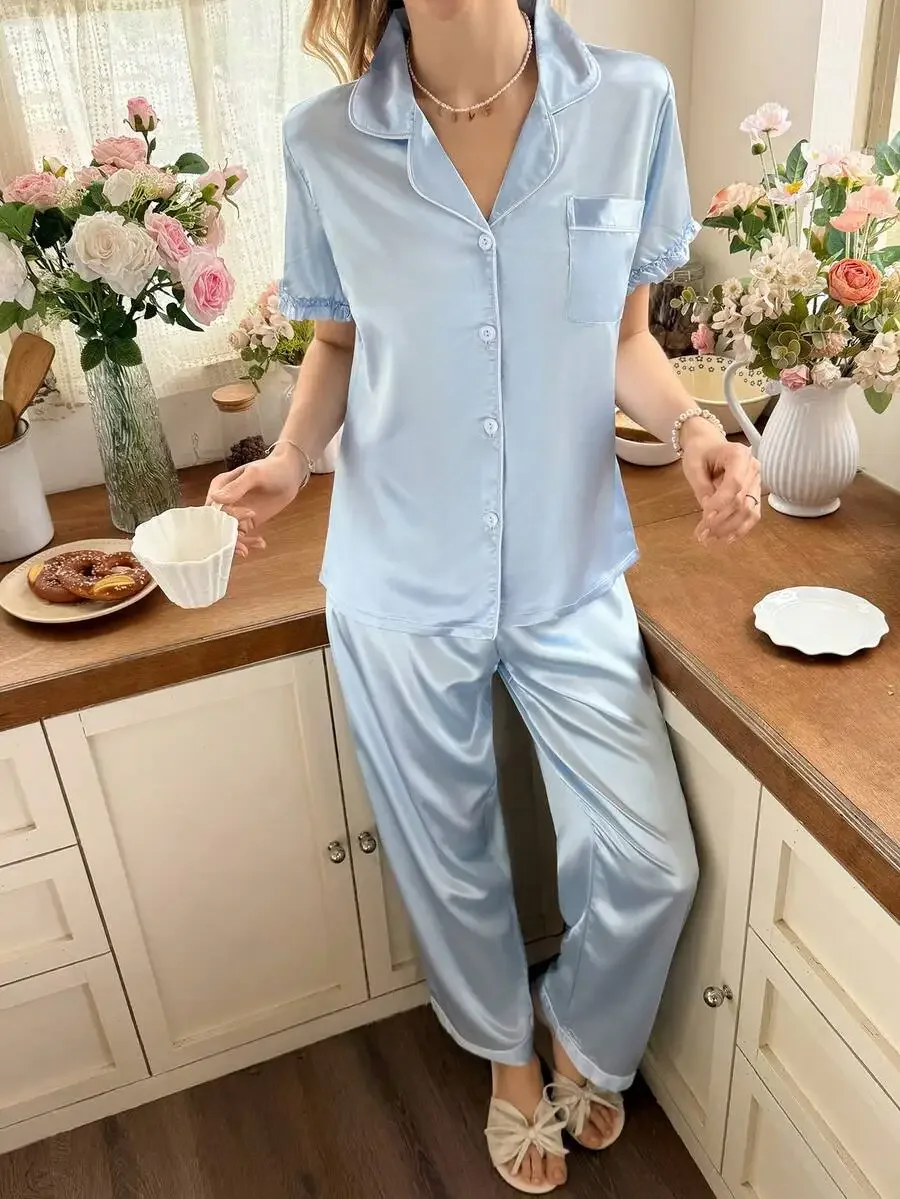 Women Short Sleeve Faux Silk Pajama Set With Ruffle Collar
Women Short Sleeve Faux Silk Pajama Set With Ruffle Collar