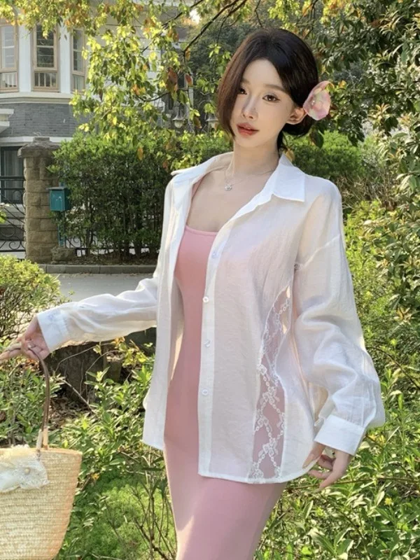 Lace Splice Loose Fit Summer Shirt Women's Gentle Thin Long Sleeve Open Cardigan Sun Protection Breathable Design Holiday Style
Lace Splice Loose Fit Summer Shirt Women's Gentle Thin Long Sleeve Open Cardigan Sun Protection Breathable Design Holiday Style