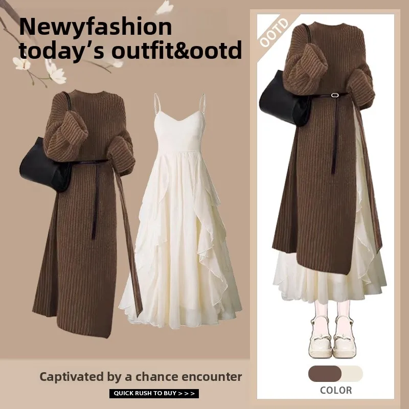 Autumn Winter Women's Knitted Sweater Coat Set with Strap Dress Two Piece Set Christmas Style Long Sleeve Fashionable Ensemble
Autumn Winter Women's Knitted Sweater Coat Set with Strap Dress Two Piece Set Christmas Style Long Sleeve Fashionable Ensemble