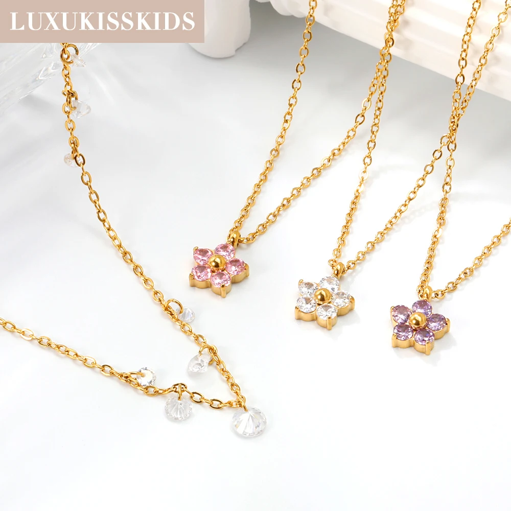 LUXUKISSKIDS Dainty Pink Purple White Cubic Zirconia Flower Pendant Necklace Romantic Stainless Steel Waterproof Jewelry Gifts
LUXUKISSKIDS Dainty Pink Purple White Cubic Zirconia Flower Pendant Necklace Romantic Stainless Steel Waterproof Jewelry Gifts