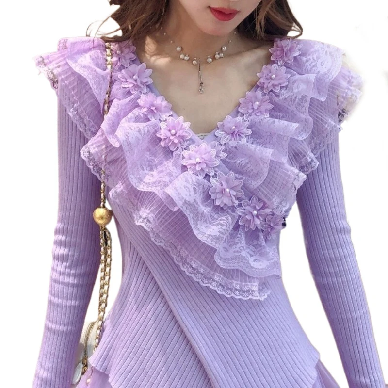 Women Pullovers Nail Bead Lace Sweater Spring and Autumn New Sweet V-neck Beaded Flower Slim Knit Sweater
Women Pullovers Nail Bead Lace Sweater Spring and Autumn New Sweet V-neck Beaded Flower Slim Knit Sweater