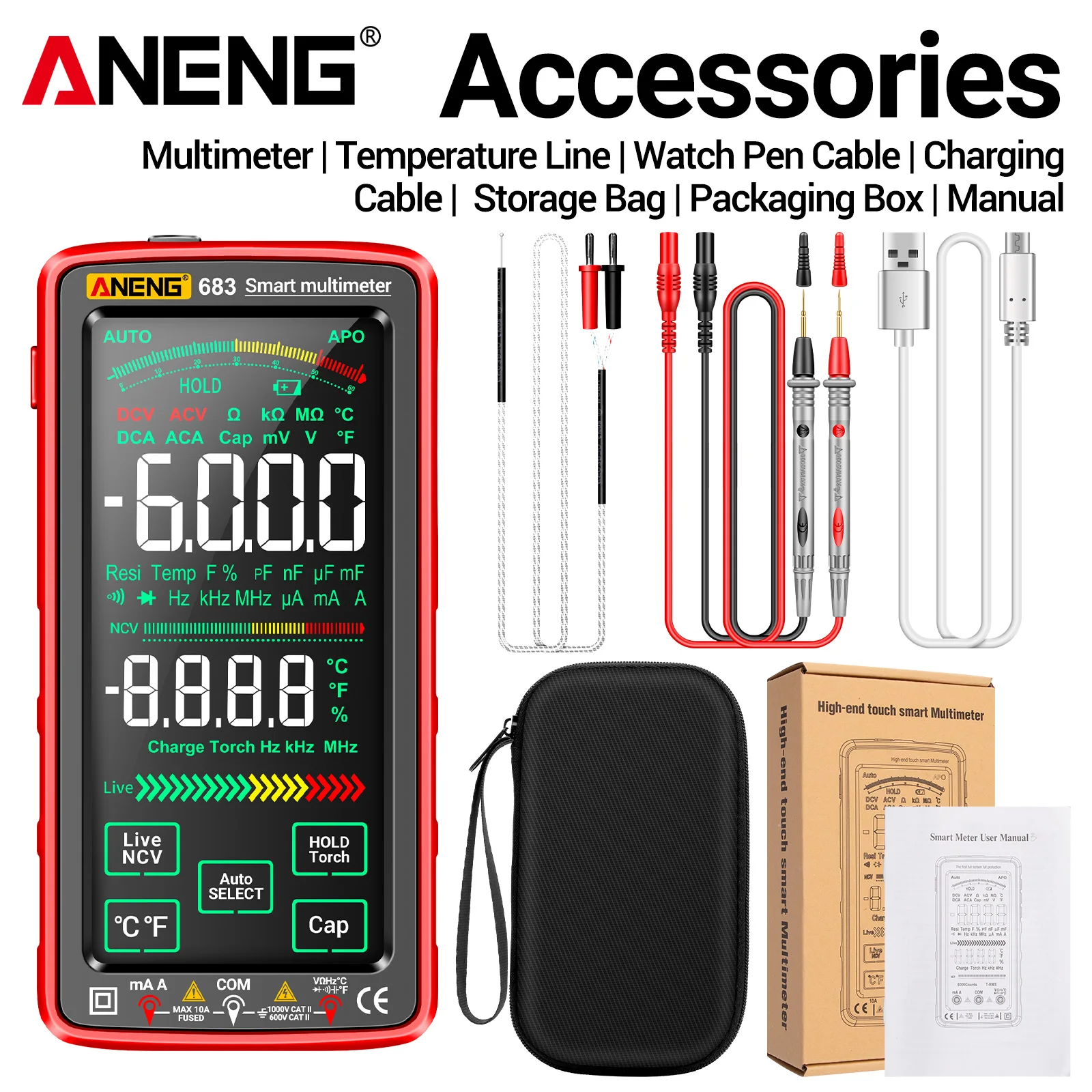 ANENG 683 digital multimeter 6000 count USB charging touch screen temperature frequency NCV electrician maintenance instrument
ANENG 683 digital multimeter 6000 count USB charging touch screen temperature frequency NCV electrician maintenance instrument