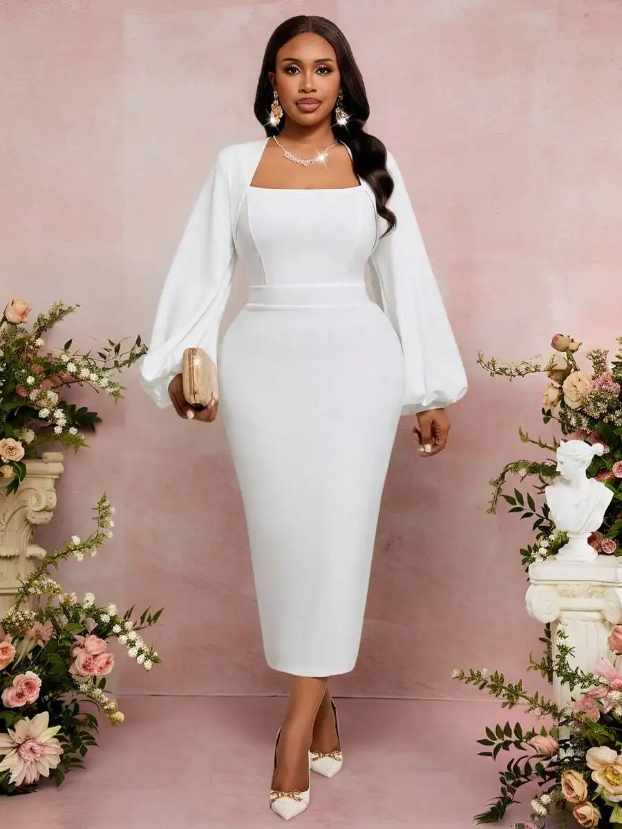Elegant White Square Neck Lantern Sleeve Midi Dress For Women
Elegant White Square Neck Lantern Sleeve Midi Dress For Women
