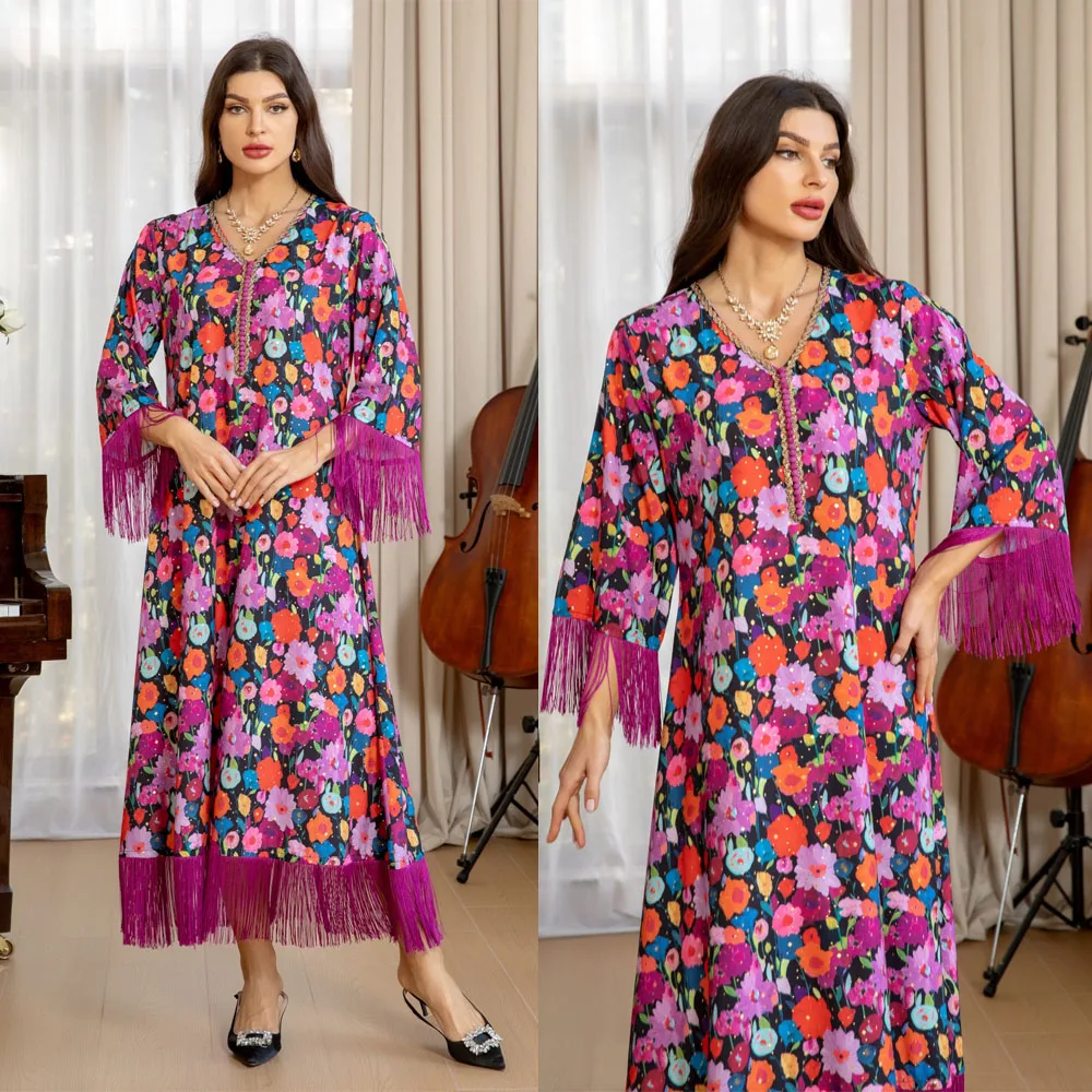 Muslim Tassels Abaya Women Gilding Diamonds V-neck Dress Colorful Floral Printed Jalabiya Ramadan Loose Robe Casual Long Gown
Muslim Tassels Abaya Women Gilding Diamonds V-neck Dress Colorful Floral Printed Jalabiya Ramadan Loose Robe Casual Long Gown