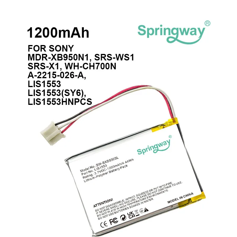 for Sony Speaker Battery MDR-XB950N1 WH-CH700N SRS-WS1 SRS-X1,LIS1553(SY6) A-2215-026-A LIS1553HNPCS 3.7v,1200mAh
for Sony Speaker Battery MDR-XB950N1 WH-CH700N SRS-WS1 SRS-X1,LIS1553(SY6) A-2215-026-A LIS1553HNPCS 3.7v,1200mAh