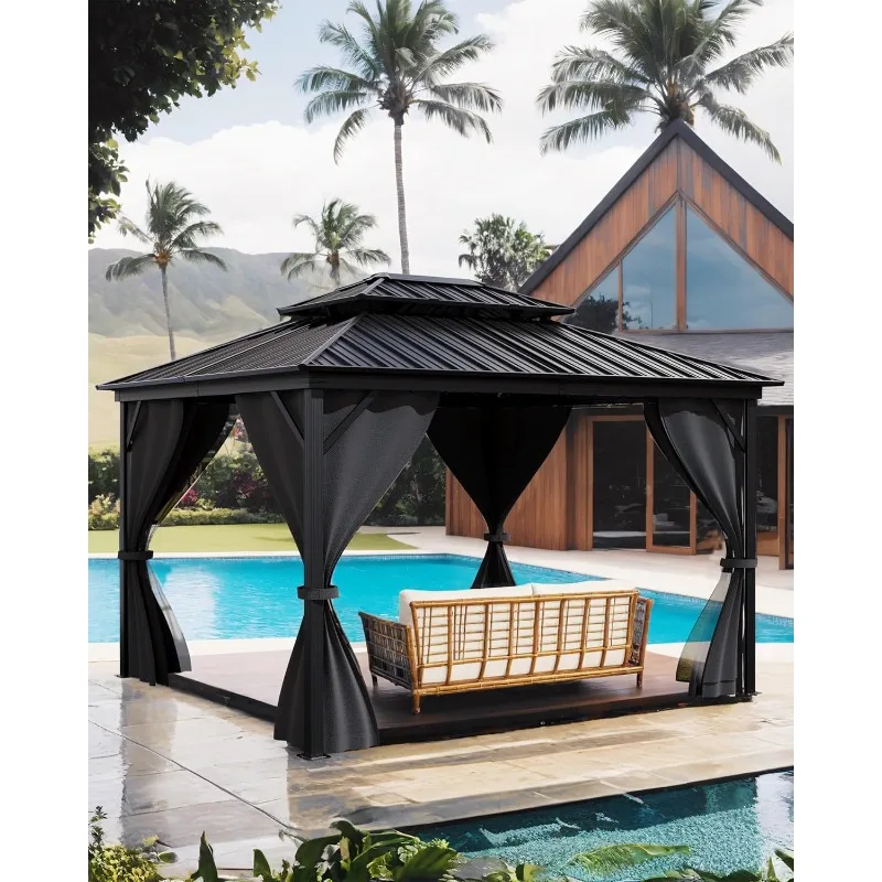 10 x 12 ft Hardtop Gazebo, Double Galvanized Roof, Aluminum Frame, with Netting and Curtains, for Backyard, Pario, and Lawn
10 x 12 ft Hardtop Gazebo, Double Galvanized Roof, Aluminum Frame, with Netting and Curtains, for Backyard, Pario, and Lawn