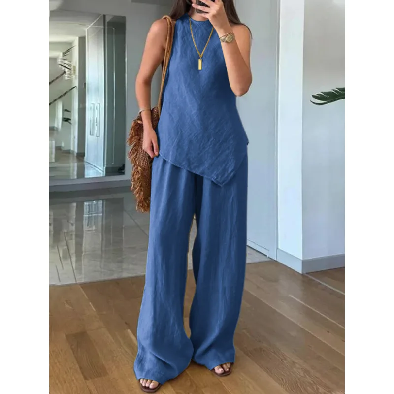 Casual Cotton Linen 2 Piece Set Fashion Sleeveless O-neck Asymmetric Blouses Wide-leg Pants Trousers Two Piece Sets For Women
Casual Cotton Linen 2 Piece Set Fashion Sleeveless O-neck Asymmetric Blouses Wide-leg Pants Trousers Two Piece Sets For Women