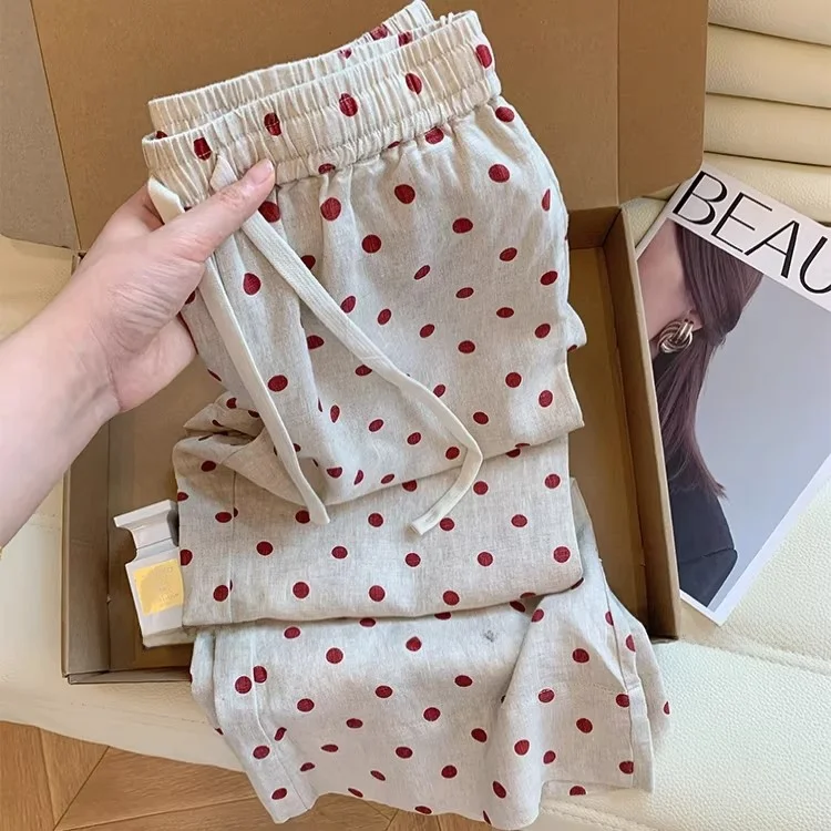 Summer Cotton Linen Elastic Waist Polka Dot Artistic Slimming High Rise Casual Pants Loose Wide Leg Pants for Women
Summer Cotton Linen Elastic Waist Polka Dot Artistic Slimming High Rise Casual Pants Loose Wide Leg Pants for Women