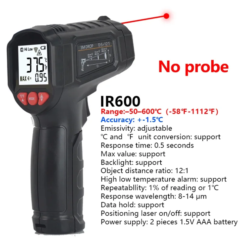 Non-contact Pyrometer 600 Industrial Digital Infrared Thermometer Food High Temperature Meter IR Sensor Termometro
