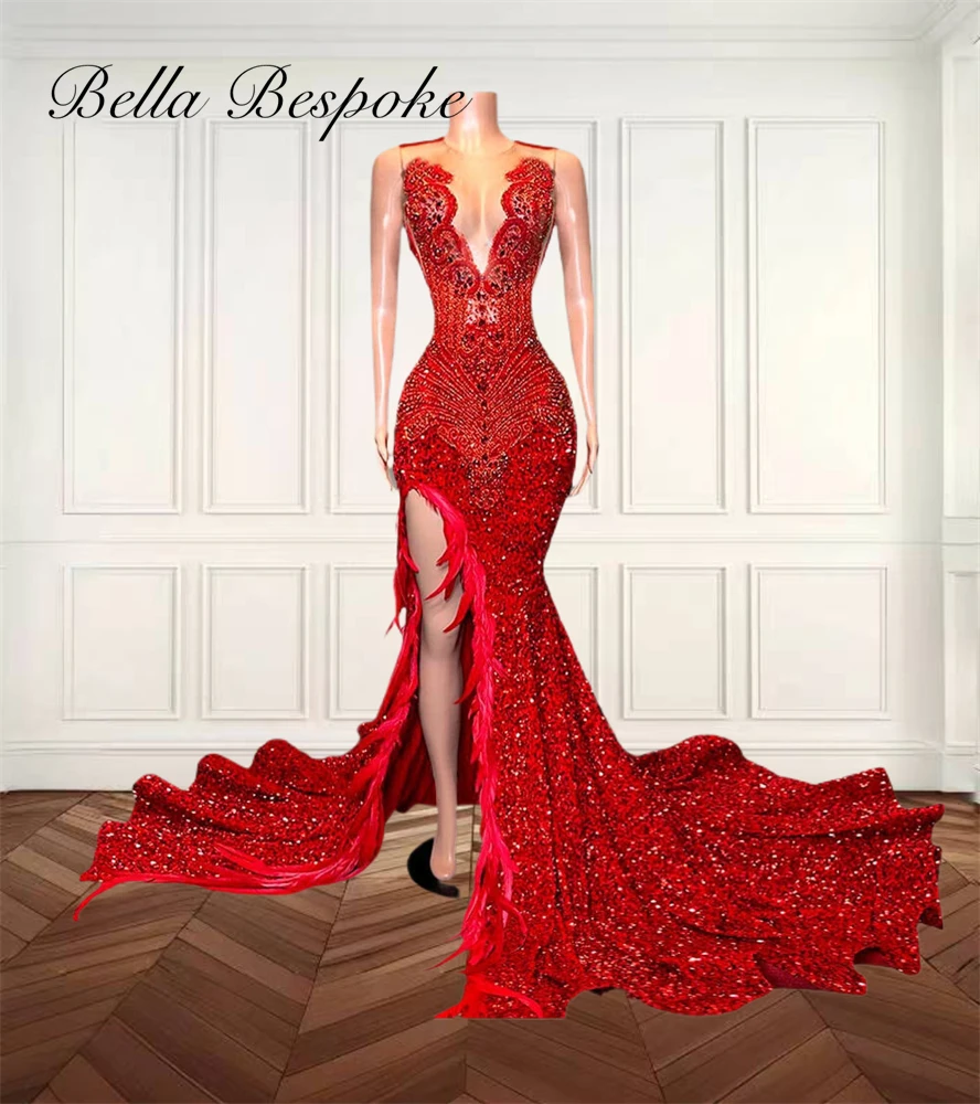 Sexy Red High Split Long Prom Dresses Feather Special Occasion Dress Mermaid O Neck Bead Crystal Black Girls Gowns Customized
Sexy Red High Split Long Prom Dresses Feather Special Occasion Dress Mermaid O Neck Bead Crystal Black Girls Gowns Customized