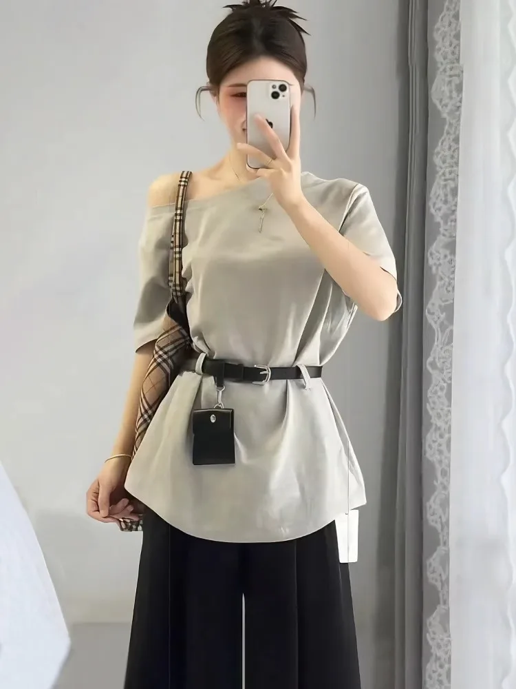 Loose Korean Style plus Size T-Shirt Women's Summer Shoulder Bared Design Slimming Lazy Style Short Sleeve Top
Loose Korean Style plus Size T-Shirt Women's Summer Shoulder Bared Design Slimming Lazy Style Short Sleeve Top