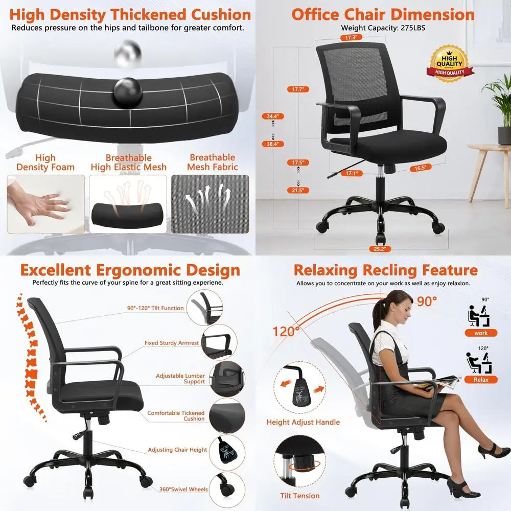 Ergonomic Mid-Back Mesh Office Chair with Adjustable Lumbar Support and Height for Home & Office, Black
Ergonomic Mid-Back Mesh Office Chair with Adjustable Lumbar Support and Height for Home & Office, Black