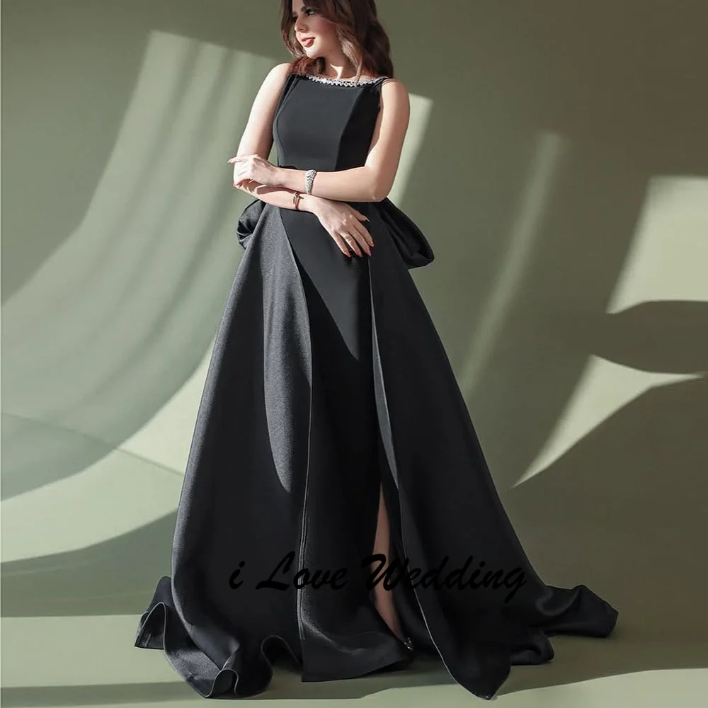 Modest Scoop Neck Black Sexy Mermaid Backless Evening Dress with Pearls Bow Side Split Long Party Dress with Sweep Court Custom 
Modest Scoop Neck Black Sexy Mermaid Backless Evening Dress with Pearls Bow Side Split Long Party Dress with Sweep Court Custom