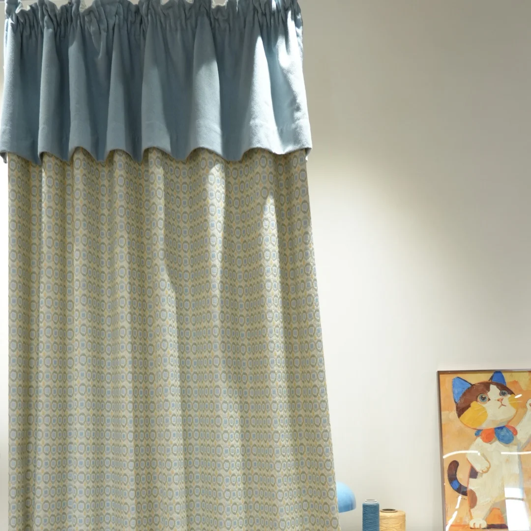 Sea salt cream yellow Nordic geometric jacquard curtain fog blue stitching cotton and linen semi-shading bedroom bay window
Sea salt cream yellow Nordic geometric jacquard curtain fog blue stitching cotton and linen semi-shading bedroom bay window