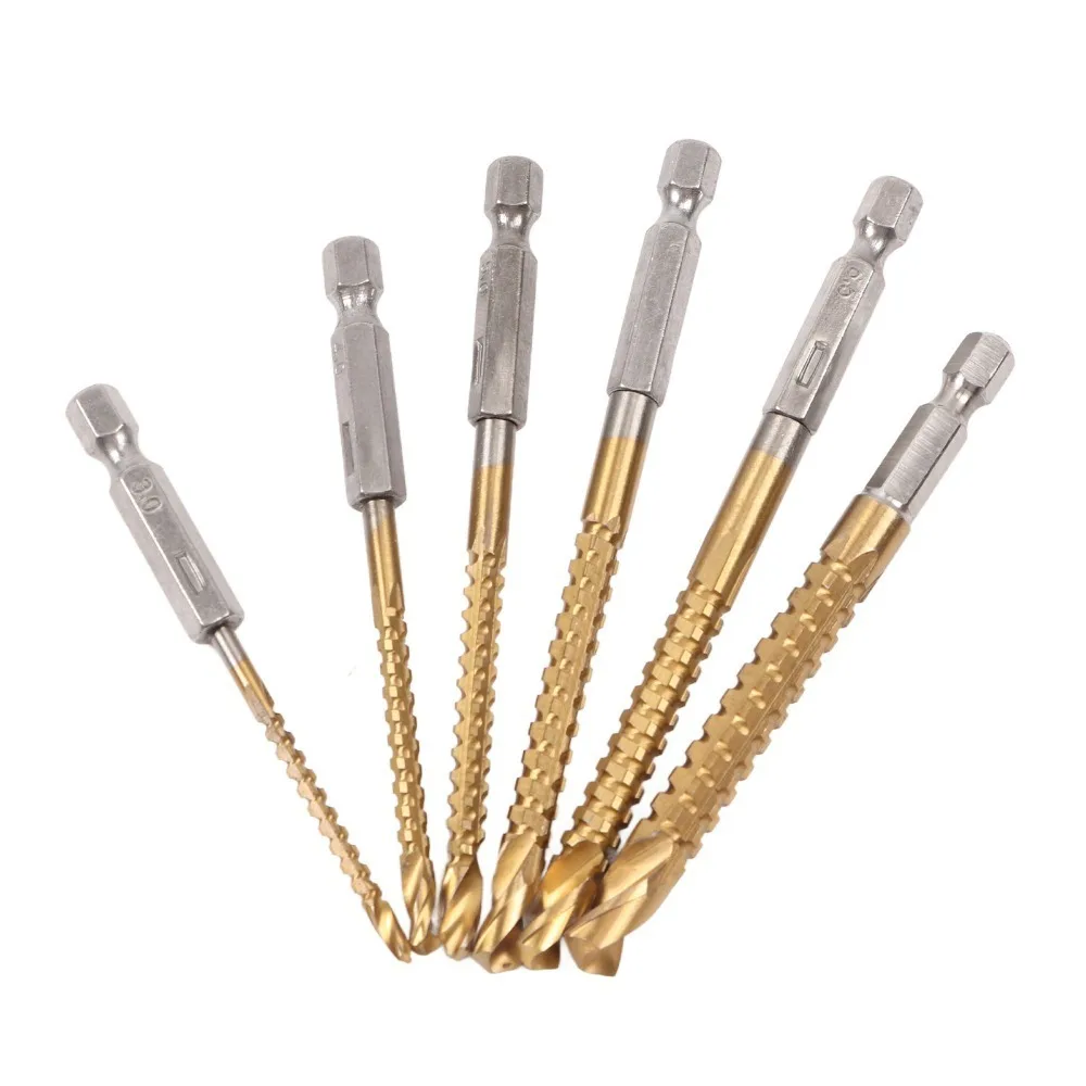 6PCS Titanium Coated Twist Drill Bits 3-8mm Hex Shank Drill Bit Set HSS Serrated Cutting Woodworking Tools
6PCS Titanium Coated Twist Drill Bits 3-8mm Hex Shank Drill Bit Set HSS Serrated Cutting Woodworking Tools