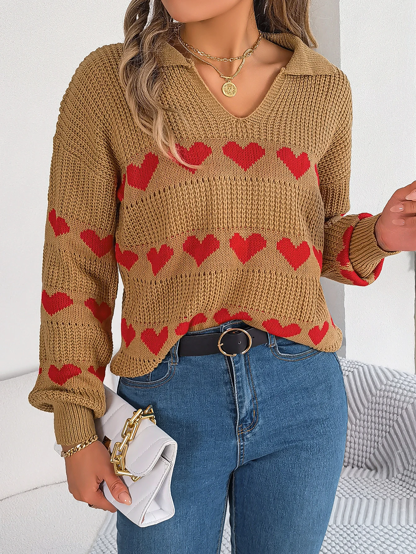 Autumn Winter V Neck Knitted Pullover Women 2026 Valentine's Day Contrast Color Heart Shaped Pattern Lantern Long Sleeve Sweater
Autumn Winter V Neck Knitted Pullover Women 2026 Valentine's Day Contrast Color Heart Shaped Pattern Lantern Long Sleeve Sweater