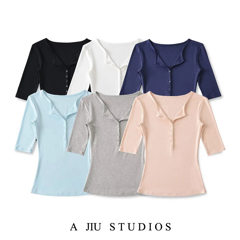 Slim Fit ort Sve V Ne Button T irt Women Summer Elastic Skin Tight Inner Wear Base irt Street Sle Pure Color
Slim Fit ort Sve V Ne Button T irt Women Summer Elastic Skin Tight Inner Wear Base irt Street Sle Pure Color