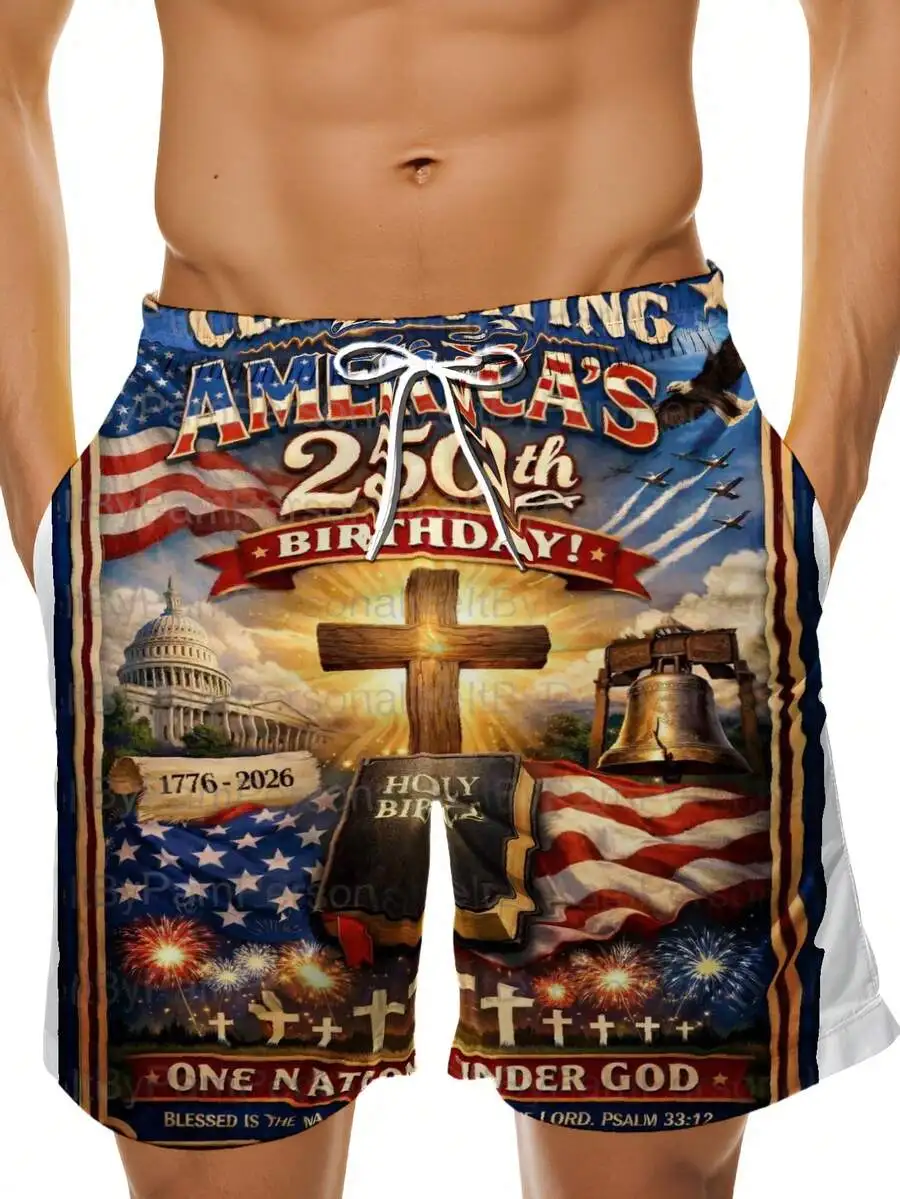 Mens Patriotic Swim Trunks 250th America Birthday Flag Cross Liberty Bell Fireworks Print
Mens Patriotic Swim Trunks 250th America Birthday Flag Cross Liberty Bell Fireworks Print