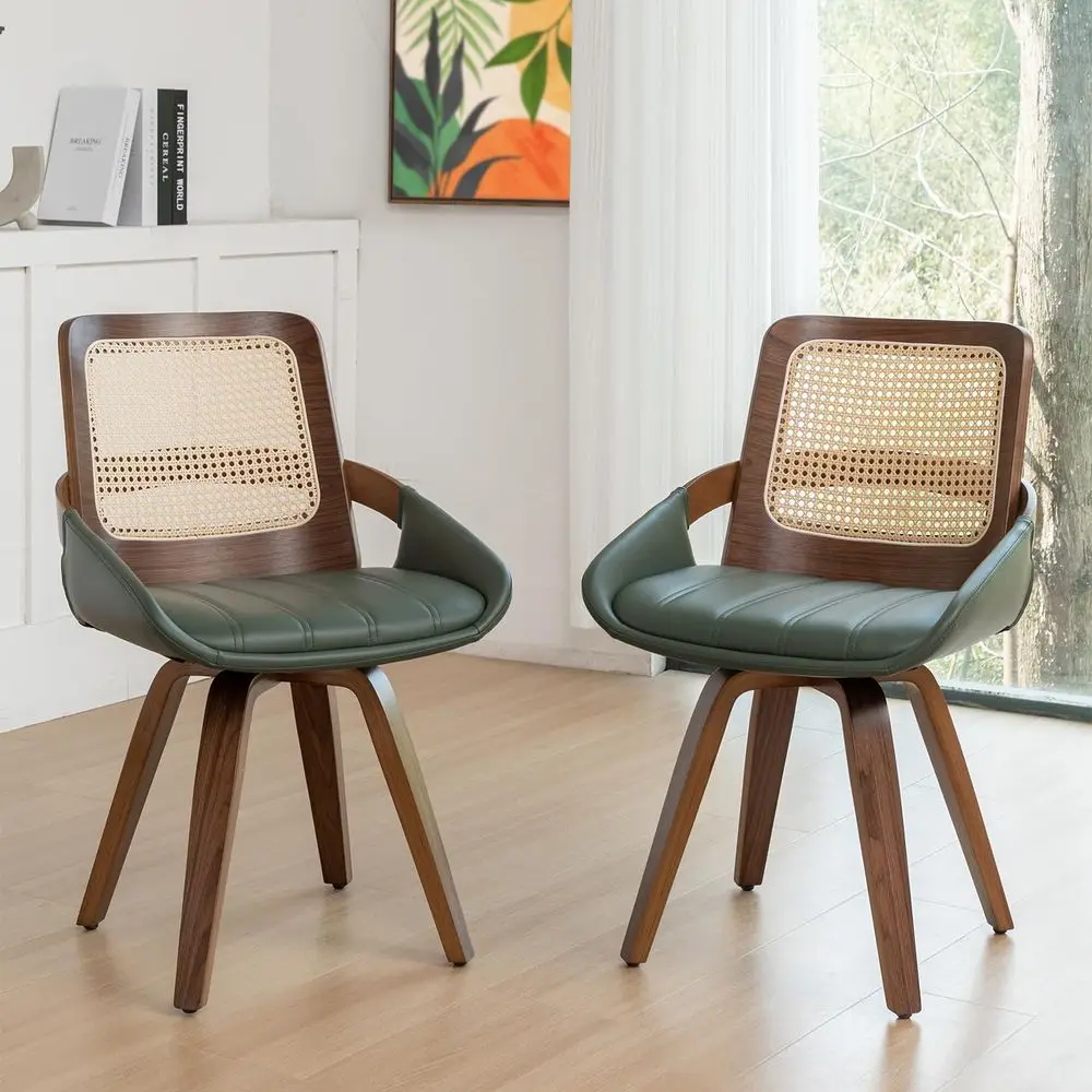 of 2 Green Rattan Dining Chairs Mid Century Modern Dining Chairs with Walnut Bentwood Frame, Ergonomic Rattan Back, Curved Arms
of 2 Green Rattan Dining Chairs Mid Century Modern Dining Chairs with Walnut Bentwood Frame, Ergonomic Rattan Back, Curved Arms