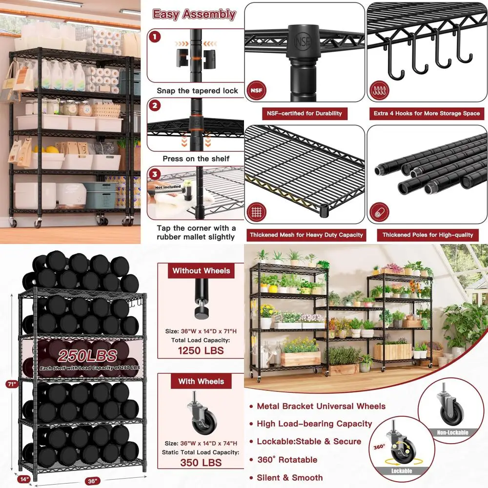 5-Shelf Heavy-Duty Steel Storage Rack with Wheels, 74H x 36W x 14D, Adjustable, for Kitchen, Garage, Closet, Pantry, Laundry
5-Shelf Heavy-Duty Steel Storage Rack with Wheels, 74H x 36W x 14D, Adjustable, for Kitchen, Garage, Closet, Pantry, Laundry