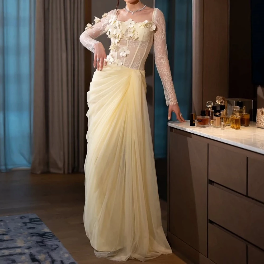 Customized A-line Evening Dresses Floor-length Square Collar Full Sleeve Prom Gown Fashion Lace Flowers Simple Draped Party Gown
Customized A-line Evening Dresses Floor-length Square Collar Full Sleeve Prom Gown Fashion Lace Flowers Simple Draped Party Gown