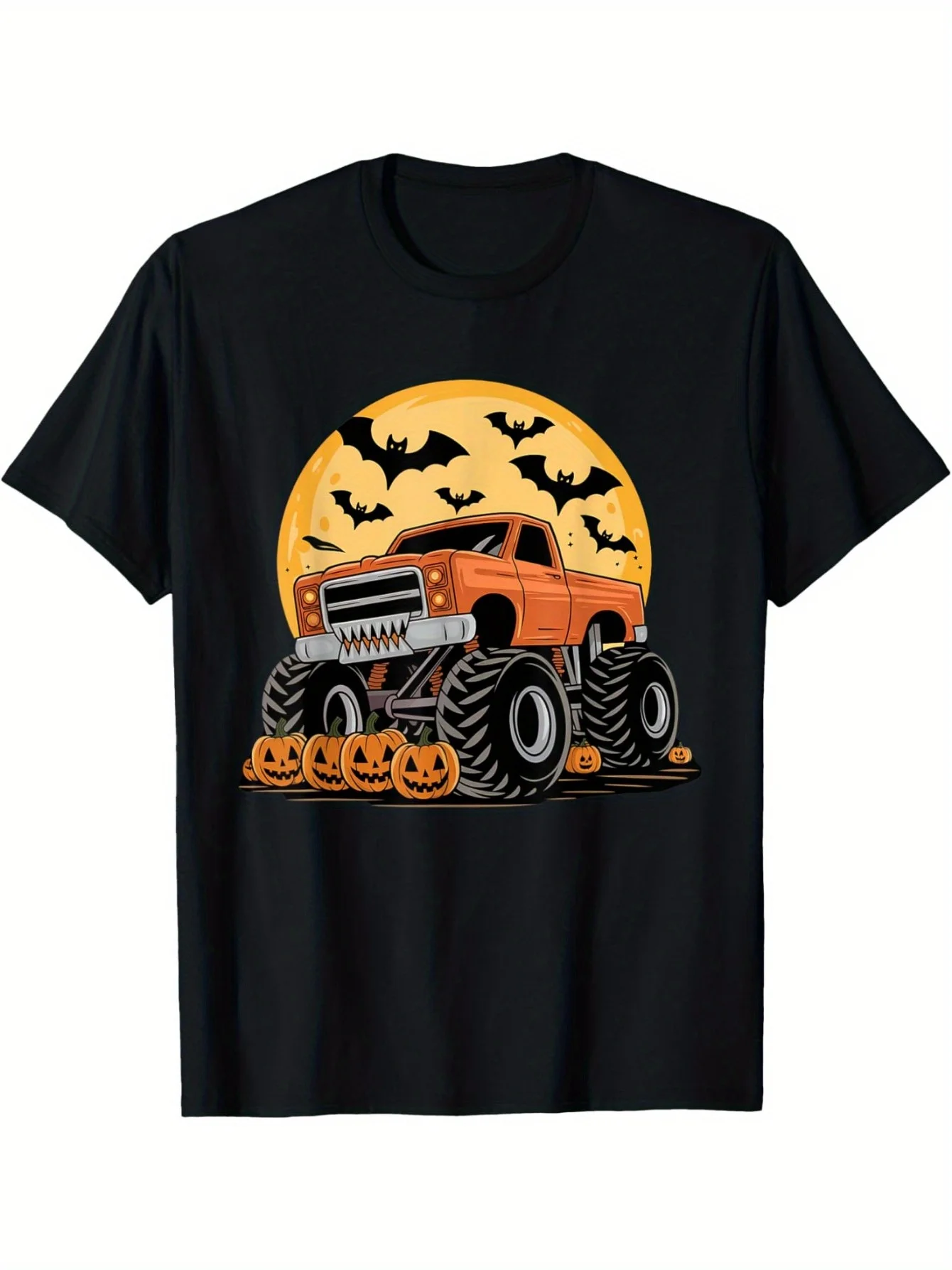 Мужская и женская футболка из чистого хлопка с рисунком Хэллоуин Monster Truck Повседневная футболка с тыквой на тему
Мужская и женская футболка из чистого хлопка с рисунком Хэллоуин Monster Truck Повседневная футболка с тыквой на тему