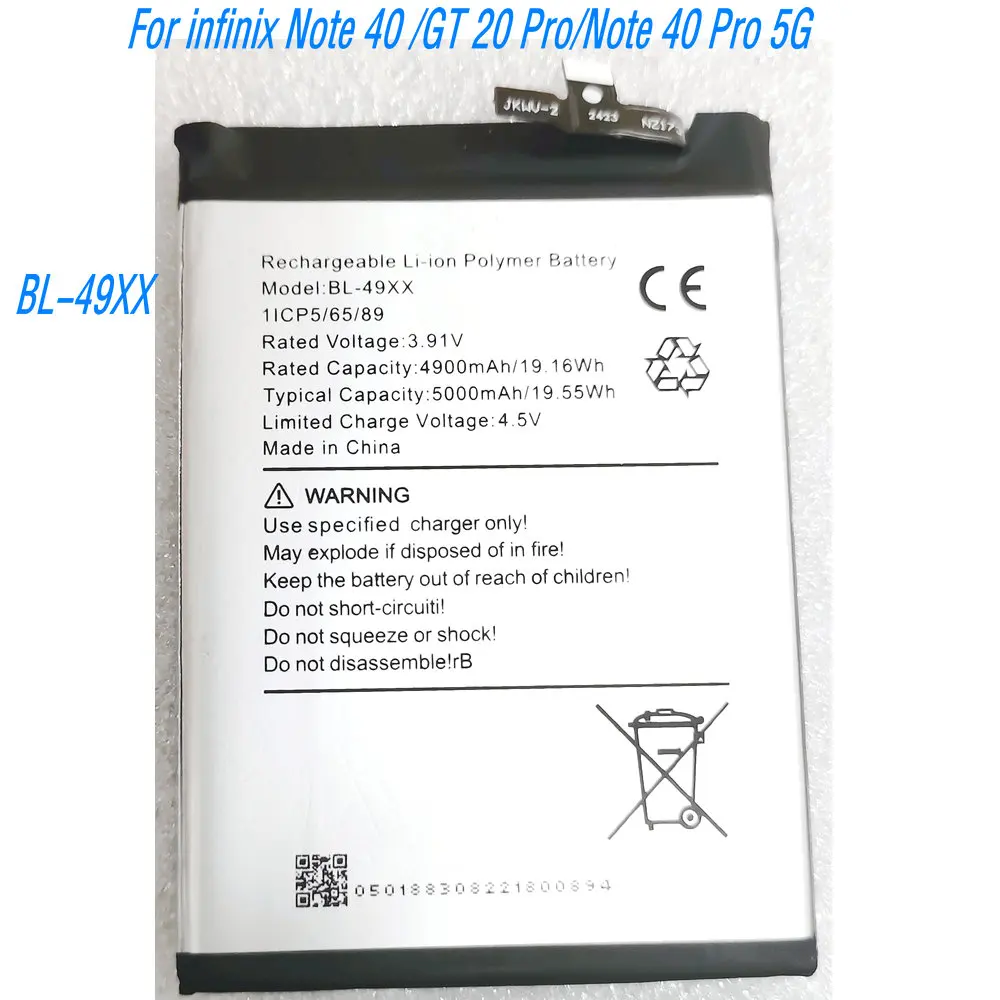 New 3.91V 19.16Wh BL-49XX High Capacity Battery for Infinix Note 40 X6853 GT 20 Pro X6871 Note 40Pro 5G Mobile Phone
New 3.91V 19.16Wh BL-49XX High Capacity Battery for Infinix Note 40 X6853 GT 20 Pro X6871 Note 40Pro 5G Mobile Phone