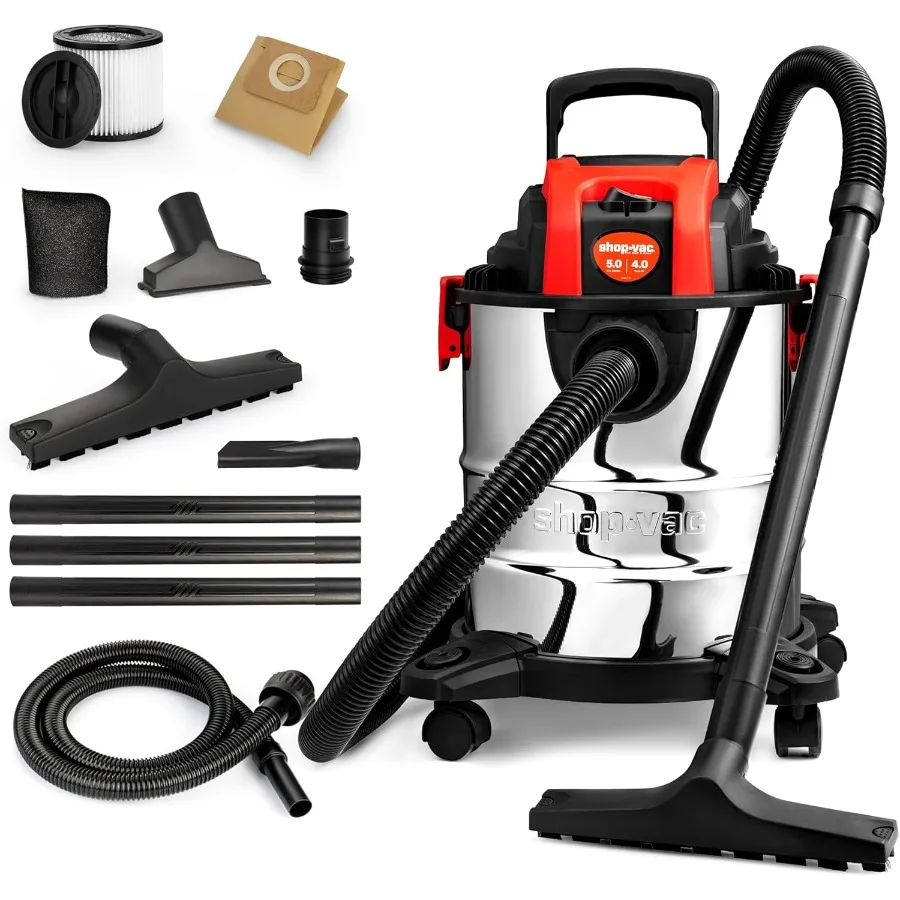 5 Gallon 4.0 HP Wet/Dry Vacuum with Blower Function Stainless Steel Tank Portable Shop Vacuum with Wheels Includes Filters Hose
5 Gallon 4.0 HP Wet/Dry Vacuum with Blower Function Stainless Steel Tank Portable Shop Vacuum with Wheels Includes Filters Hose