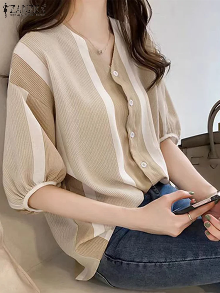 ZANZEA Holiday Casual Loose Buttons Blusas Women Striped Printed Shirt Fashion Half Sleeve Tops Korean V-neck Commuting Tunics
ZANZEA Holiday Casual Loose Buttons Blusas Women Striped Printed Shirt Fashion Half Sleeve Tops Korean V-neck Commuting Tunics