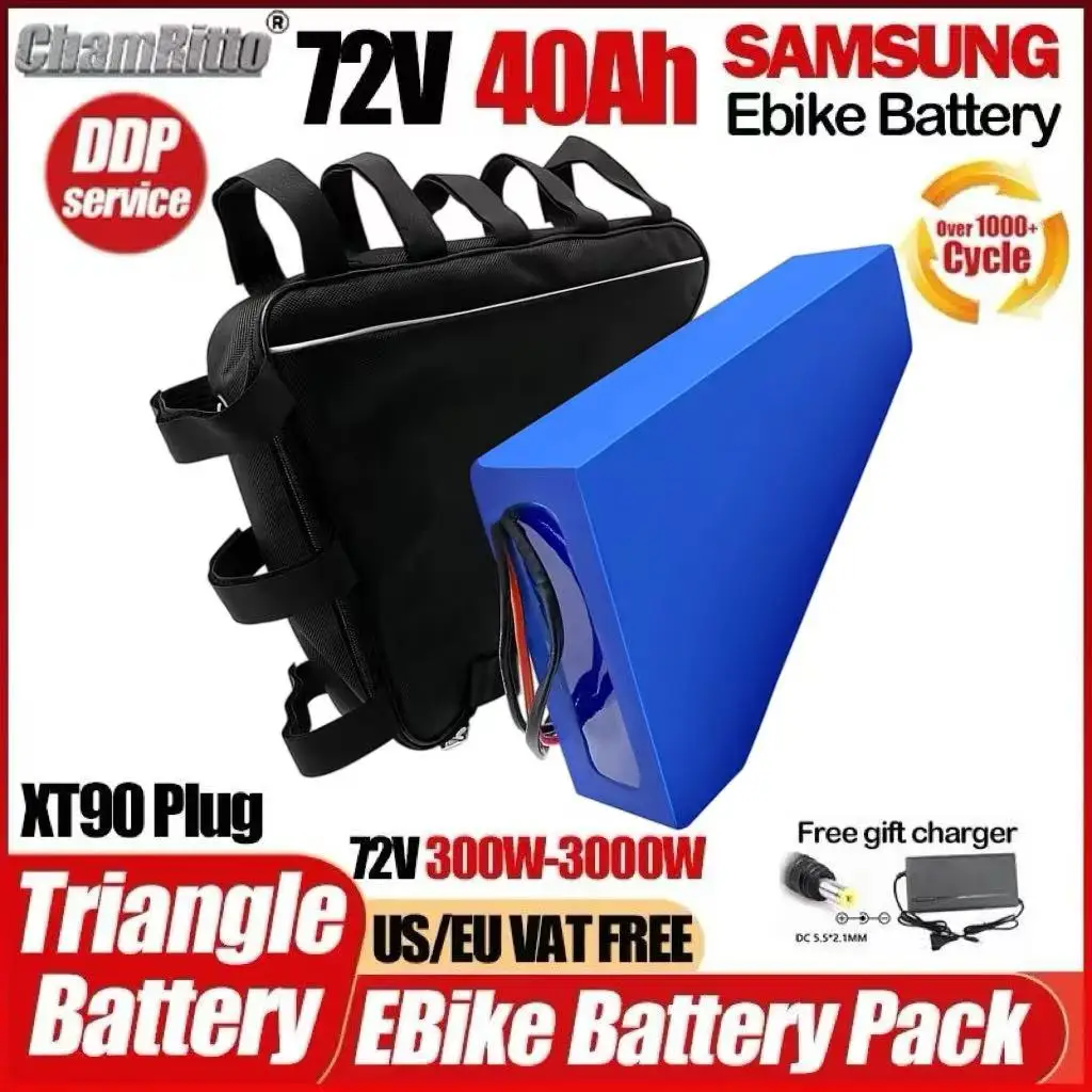 Electric bicycle cham rider Battery ebike Triangle 72v 30ah 40ah 50ah 60ah Lithium Battery 300w-3000w motor bike conversion
Electric bicycle cham rider Battery ebike Triangle 72v 30ah 40ah 50ah 60ah Lithium Battery 300w-3000w motor bike conversion