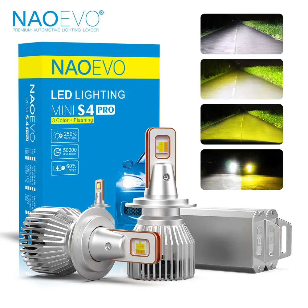 NAOEVO S4 3-цветная мигающая лампа для фар H4 H7 H11 4300K 3000K Желтый автомобильный фонарь 6500K Белый дальнего ближнего света 9005 9006
NAOEVO S4 3-цветная мигающая лампа для фар H4 H7 H11 4300K 3000K Желтый автомобильный фонарь 6500K Белый дальнего ближнего света 9005 9006