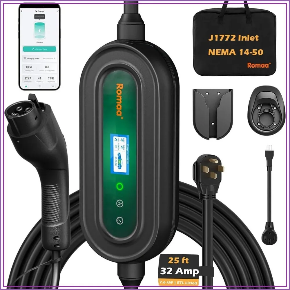Level 2 EV Charger 32 Amp Portable J1772, WiFi Smart App 25ft Cable, NEMA 14-50, ETL Listed for Home & Travel
Level 2 EV Charger 32 Amp Portable J1772, WiFi Smart App 25ft Cable, NEMA 14-50, ETL Listed for Home & Travel