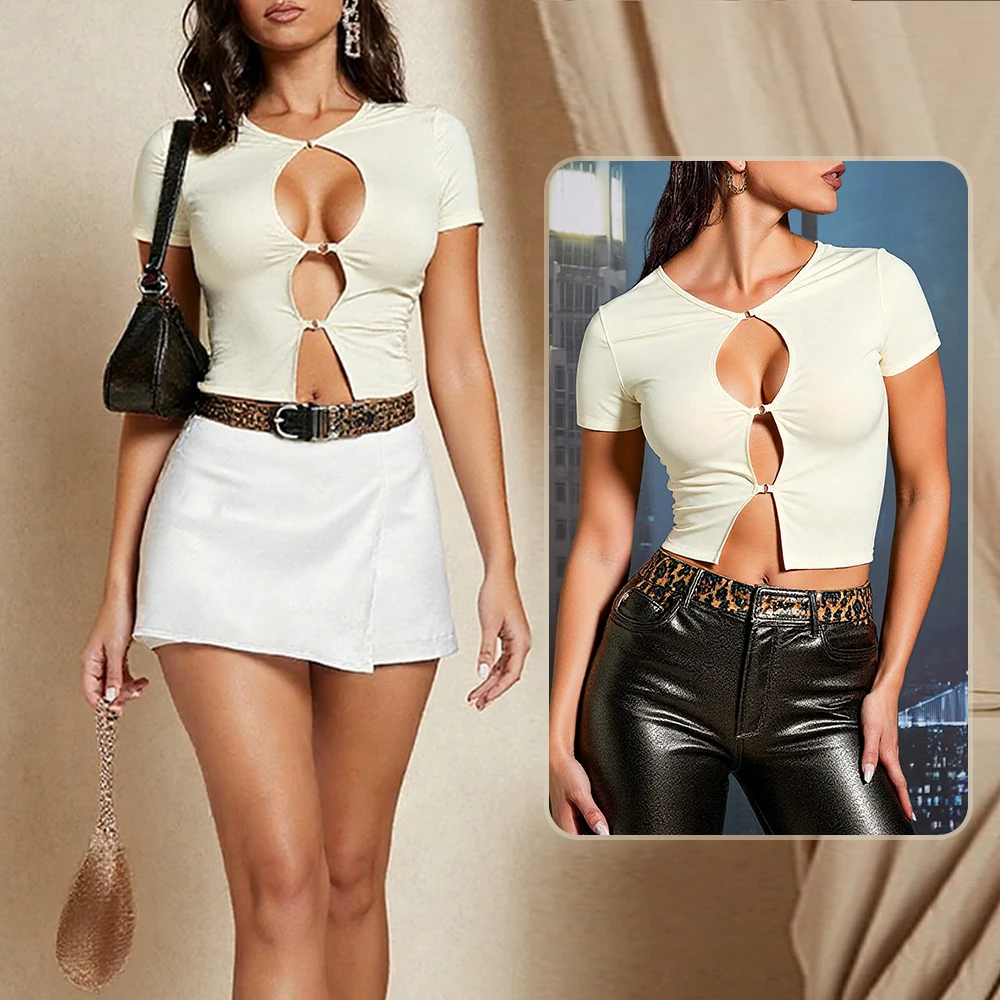 Женская вечерняя футболка белого цвета с овальным вырезом и короткими рукавами, круглым вырезом, сексуальная клубная одежда с металлическими кольцами и акцентами
Женская вечерняя футболка белого цвета с овальным вырезом и короткими рукавами, круглым вырезом, сексуальная клубная одежда с металлическими кольцами и акцентами