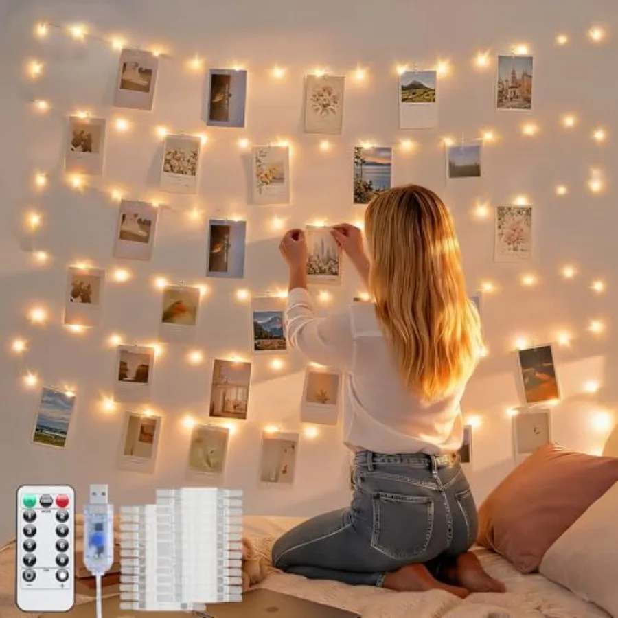 Photo Clips String Light, 33Ft 100LED Fairy Lights Plug in with 50 Clips & Remote for Pictures, 8 Modes Twinkle Lights for Bedr
Photo Clips String Light, 33Ft 100LED Fairy Lights Plug in with 50 Clips & Remote for Pictures, 8 Modes Twinkle Lights for Bedr