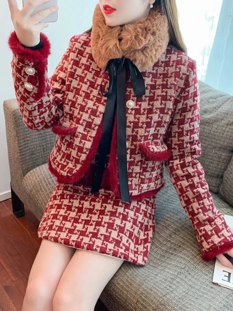 Autumn Winter Set 2 Piece Womens Outfits Elegant Bow Vintage Tweed Woolen Jacket Coat with Skirt Suit elegant
Autumn Winter Set 2 Piece Womens Outfits Elegant Bow Vintage Tweed Woolen Jacket Coat with Skirt Suit elegant