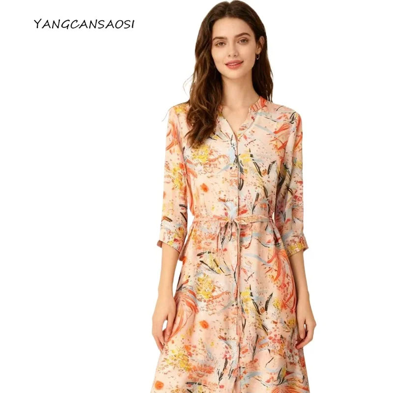 Fashionable Summer Printed Silk Dress with V-neck and 100% Natural Mulberry Silk Elegant Loose Comfortable and Beautiful Clothes
Fashionable Summer Printed Silk Dress with V-neck and 100% Natural Mulberry Silk Elegant Loose Comfortable and Beautiful Clothes