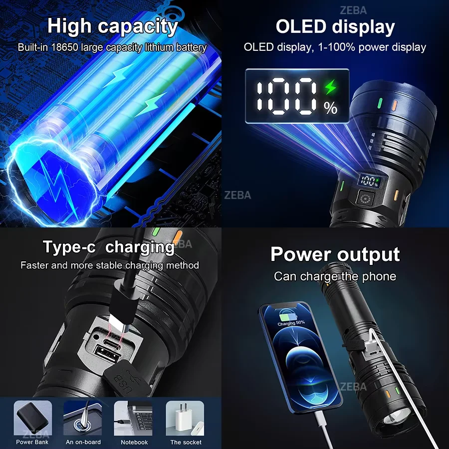 New 100000000LM Ultra Bright 15000mAh USB C Rechargeable Torch High Power Flashlights Waterproof Camping Lantern Digital Display
New 100000000LM Ultra Bright 15000mAh USB C Rechargeable Torch High Power Flashlights Waterproof Camping Lantern Digital Display