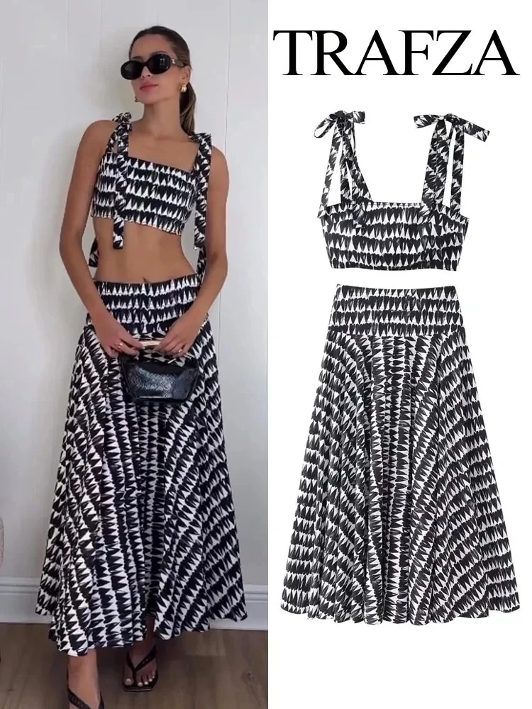 TRAFZA Women 2 Piece Set Bow Lace Up Sexy Sleeveless Backless Short Tops+Chic Print Side Zipper Drape Low Waist Slim Long Skirt
TRAFZA Women 2 Piece Set Bow Lace Up Sexy Sleeveless Backless Short Tops+Chic Print Side Zipper Drape Low Waist Slim Long Skirt