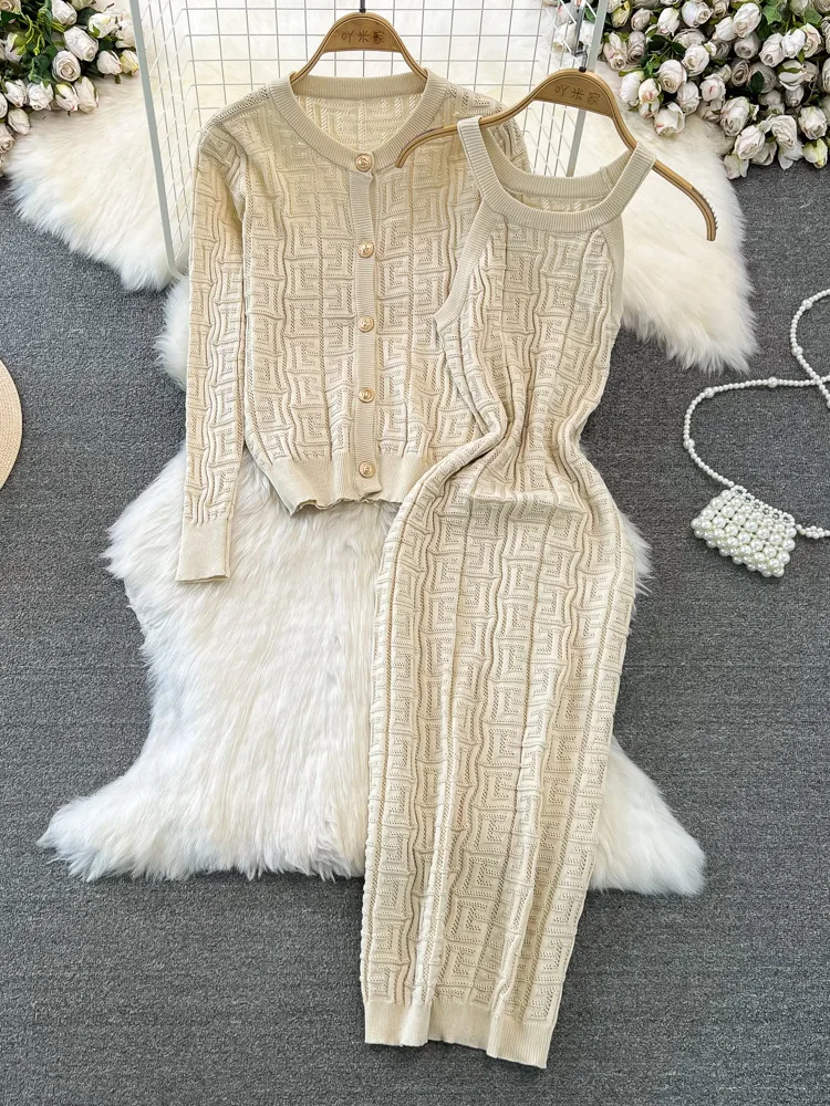 Spring Women Dress Set Knitted Cardigan Suspender Skirt 2-piece Set Hollow Out Sweater Dress Outfits Suit Fashion Woman Clothing
Spring Women Dress Set Knitted Cardigan Suspender Skirt 2-piece Set Hollow Out Sweater Dress Outfits Suit Fashion Woman Clothing