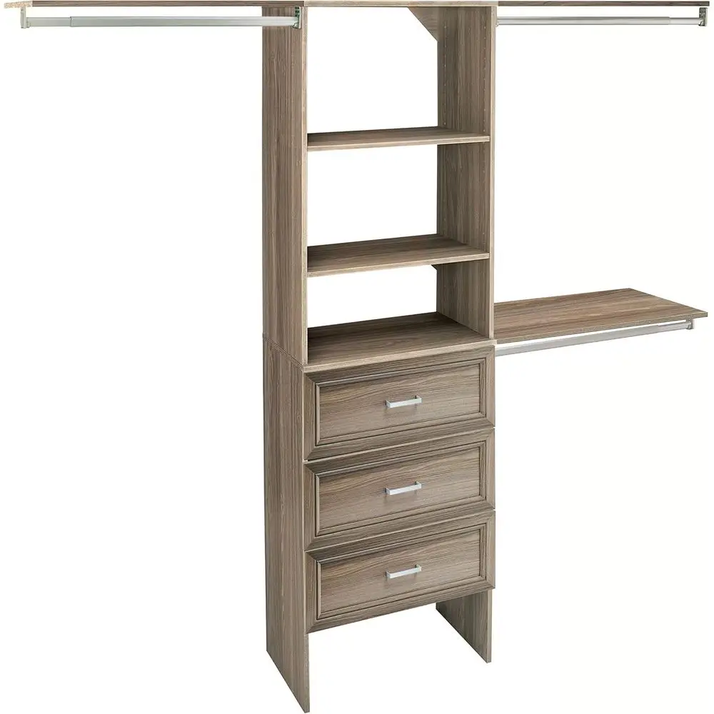 Wooden Closet Organizer Kit with Tower, 3 Hanging Bars, Upper Shelves, 3 Drawers, Adjustable, Fits 6-10ft Width, Natural Gray
Wooden Closet Organizer Kit with Tower, 3 Hanging Bars, Upper Shelves, 3 Drawers, Adjustable, Fits 6-10ft Width, Natural Gray