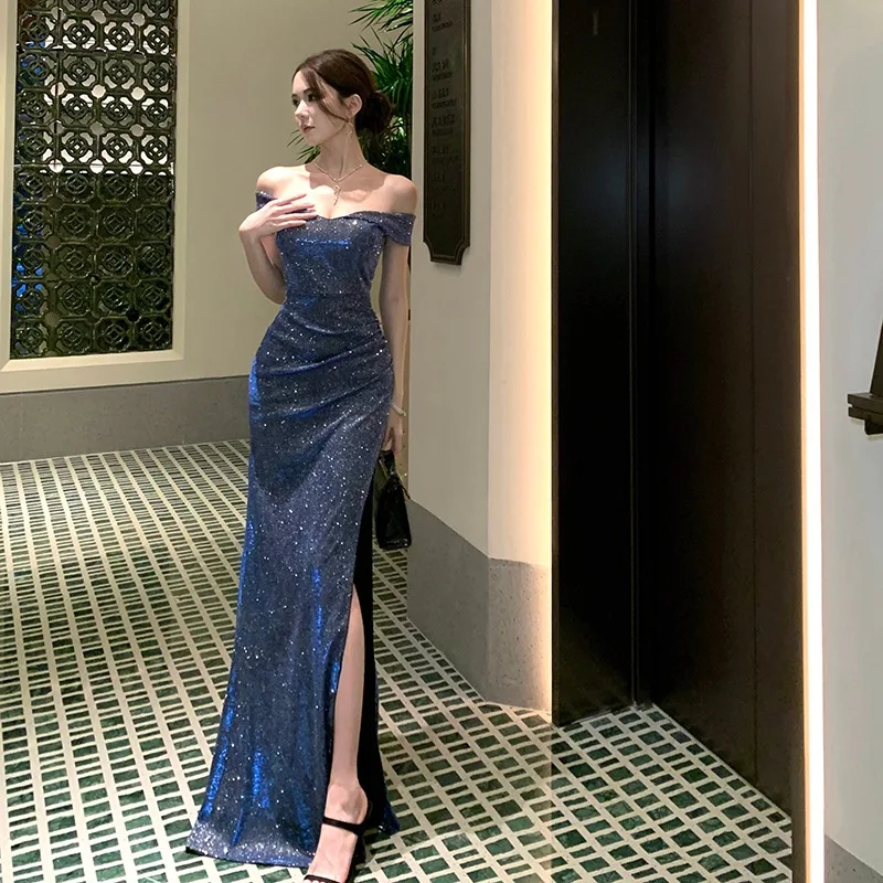 French Fashion Blue Sexy Off-the-shoulder Split Short-sleeved Pleated Dress Women's Birthday Party Evening Dress Long Dress
French Fashion Blue Sexy Off-the-shoulder Split Short-sleeved Pleated Dress Women's Birthday Party Evening Dress Long Dress