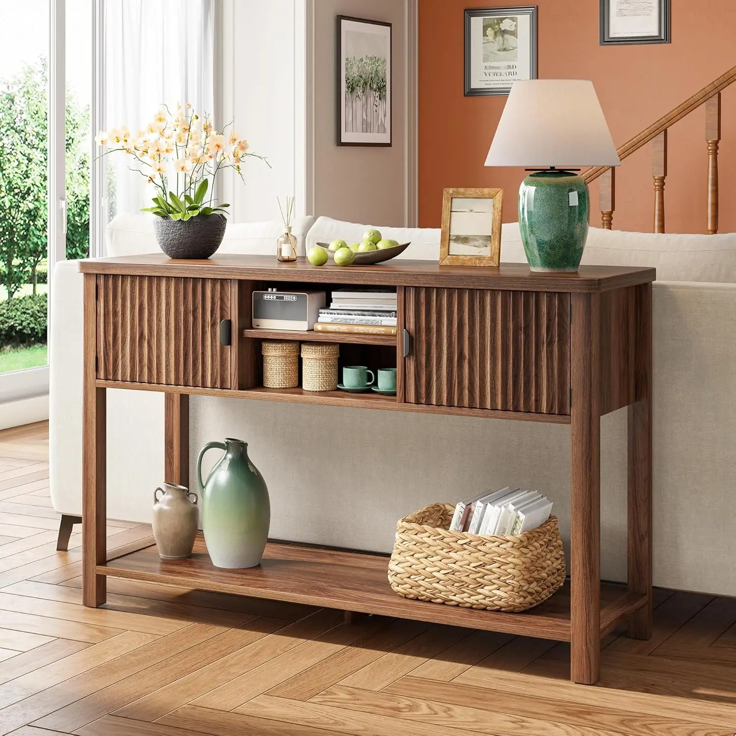Entryway Table Fluted with 8 Storage Shelves & 2 Doors, Narrow Console Table Behind Couch with Open Storage Shelf,, Customized
Entryway Table Fluted with 8 Storage Shelves & 2 Doors, Narrow Console Table Behind Couch with Open Storage Shelf,, Customized