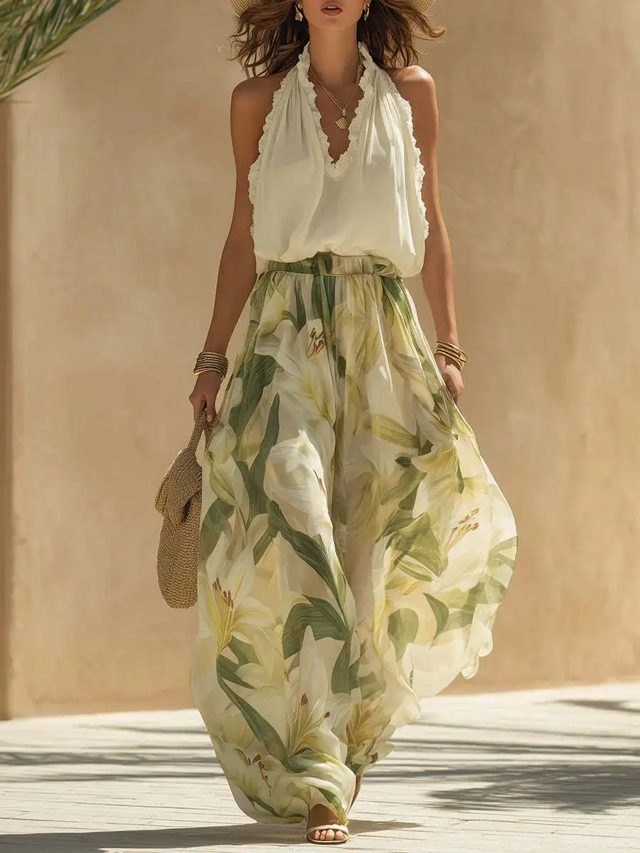 Summer Vacation Loose Suit Casual Women's Print Beach Outfit Sexy V-neck Ruffle Trim Sleeveless Top Wide Leg Pants Two-piece Set
Summer Vacation Loose Suit Casual Women's Print Beach Outfit Sexy V-neck Ruffle Trim Sleeveless Top Wide Leg Pants Two-piece Set